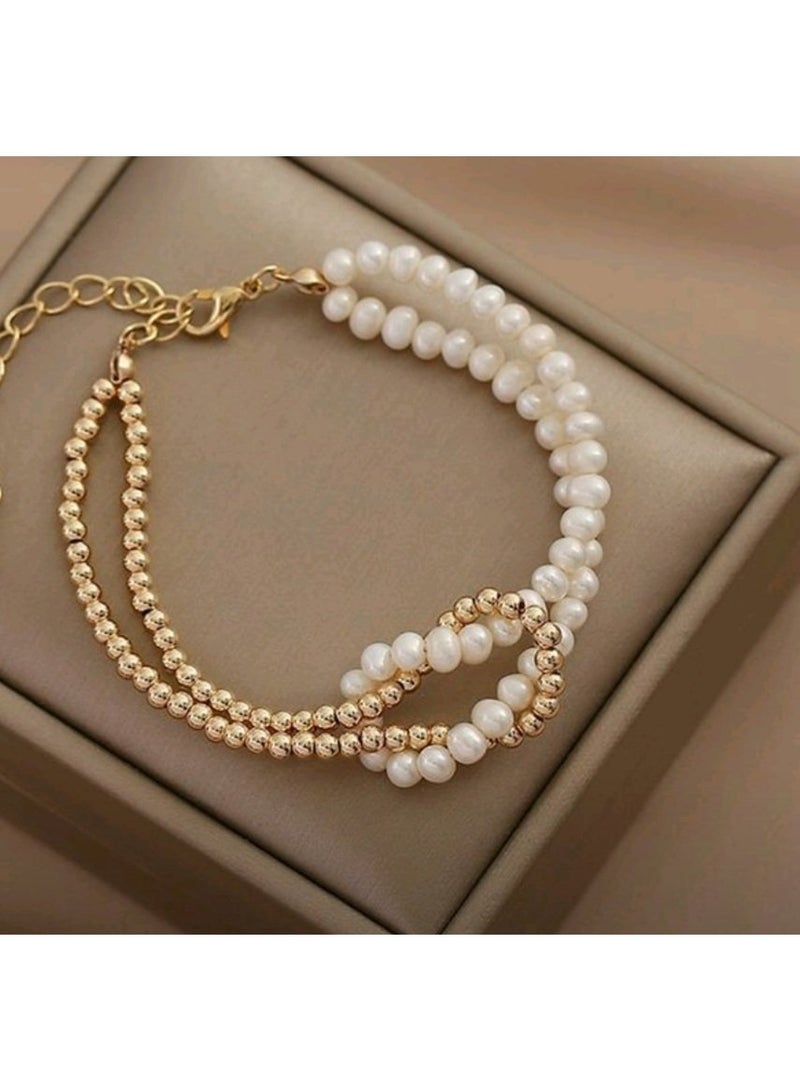 RA accessories Women's Bracelet Of Off-White Pearls With Golden chain - Image 2